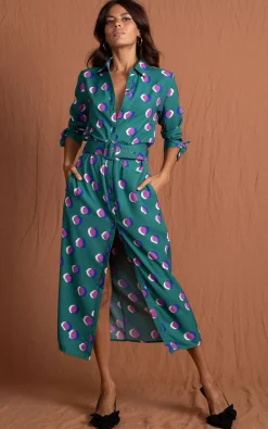 Alva Midi Shirt Dress In Polka Dot Purple On Green
