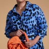 Alva Midi Shirt Dress In Bright Blue Leopard-Extended Sizing