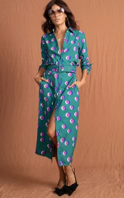 Alva Midi Shirt Dress In Polka Dot Purple On Green