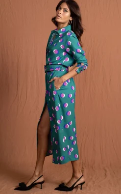 Alva Midi Shirt Dress In Polka Dot Purple On Green