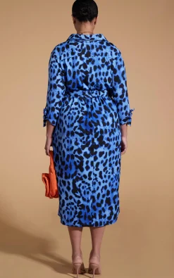 Alva Midi Shirt Dress In Bright Blue Leopard-Extended Sizing