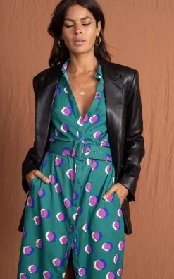 Alva Midi Shirt Dress In Polka Dot Purple On Green
