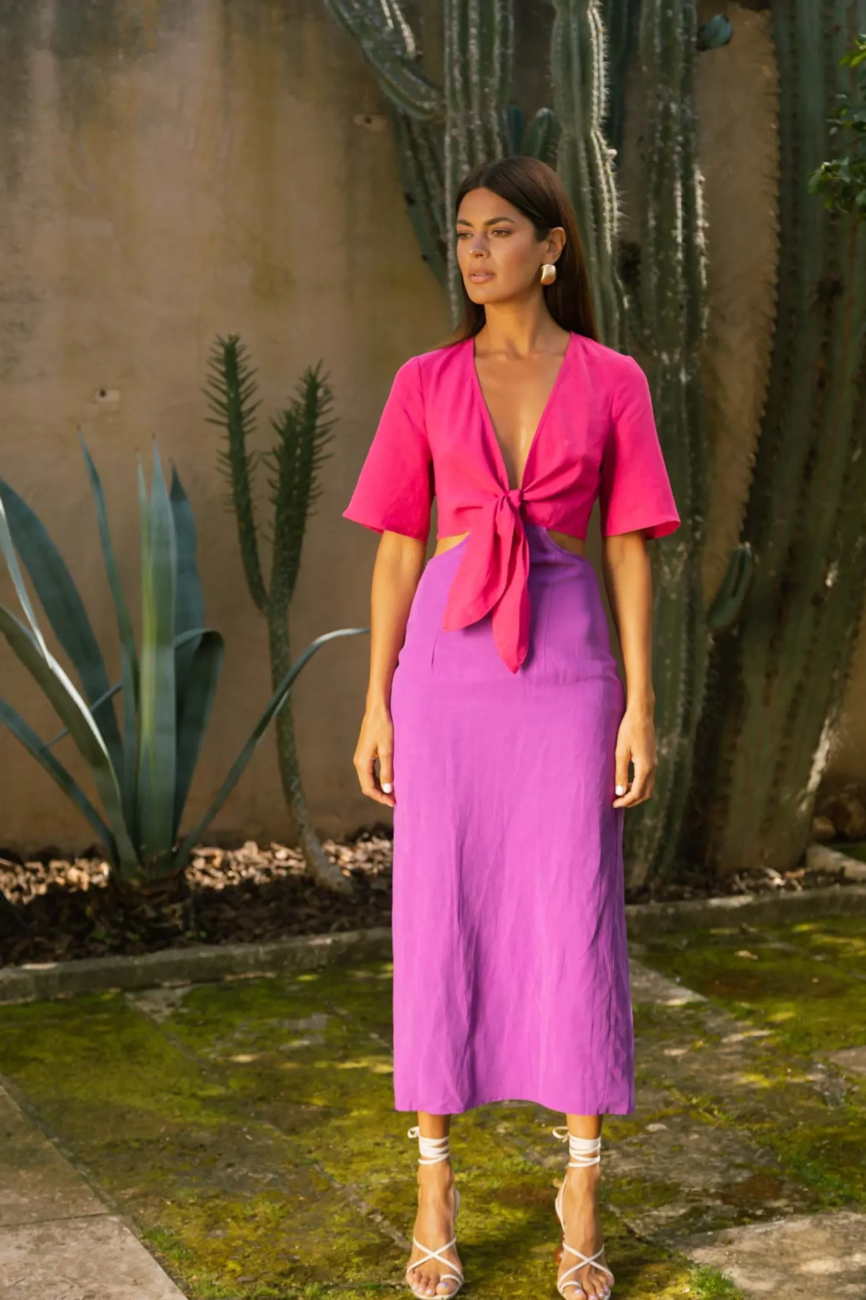 Arabella Linen Dress In Raspberry & Purple Mix