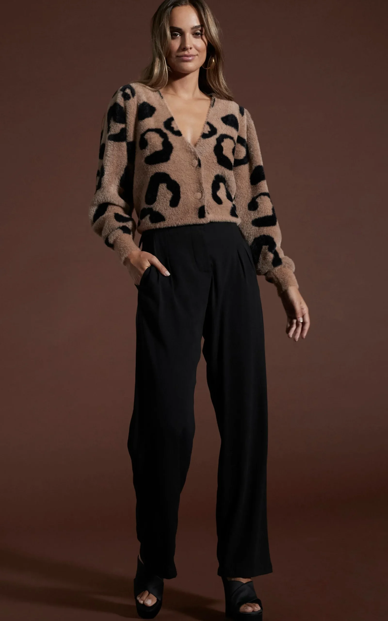 Bambino Cardigan In Black On Mocha Leopard