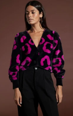 Bambino Cardigan In Cerise On Black Leopard