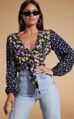 Betsy Tie Front Top In Citrus Tulip And Odd Dot Mix