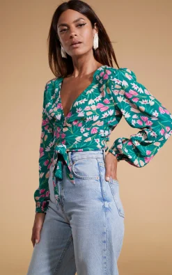 Betsy Tie Front Top In Green Tulip