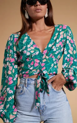Betsy Tie Front Top In Green Tulip
