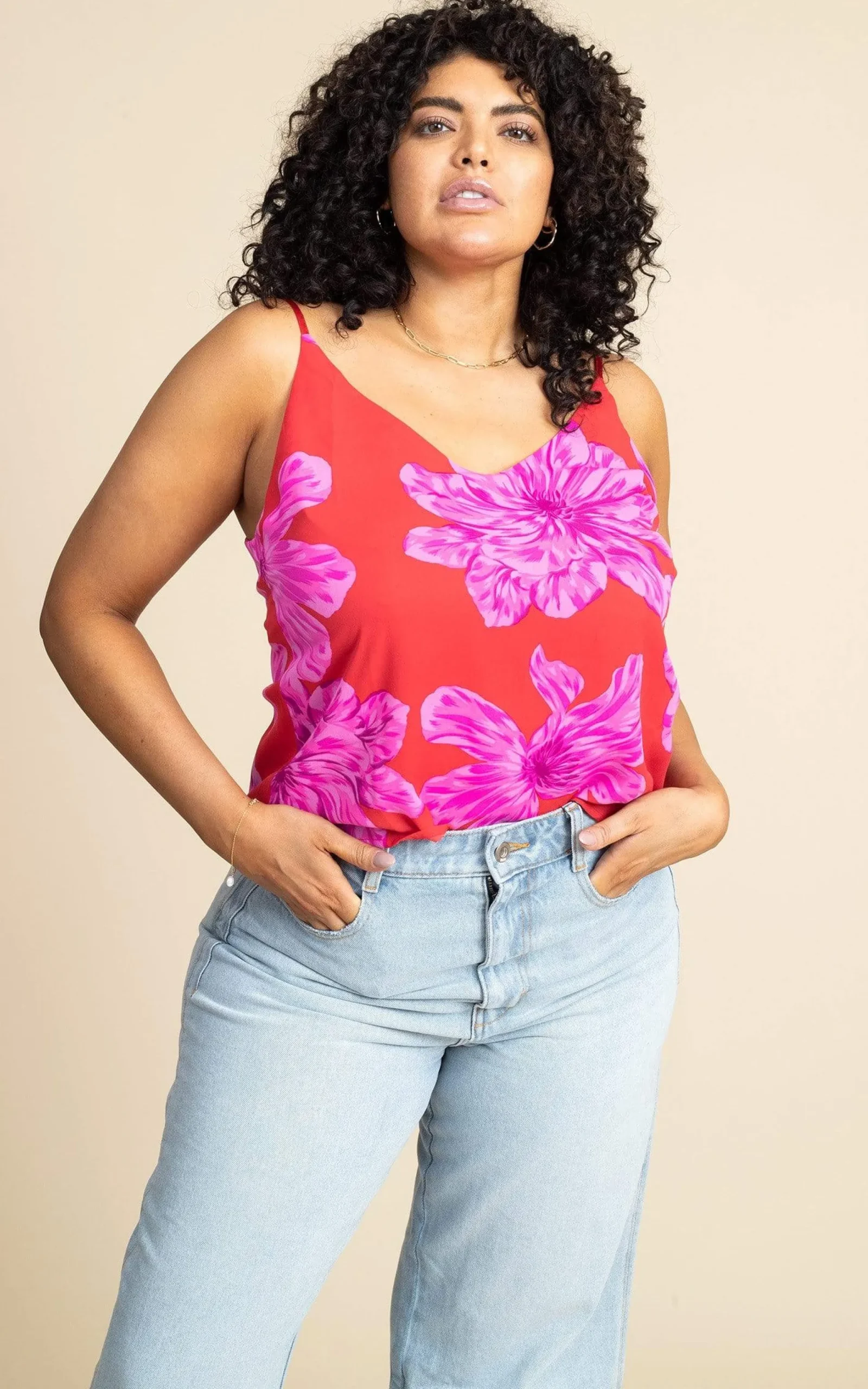 Birdie Cami In Pink On Red Bloom