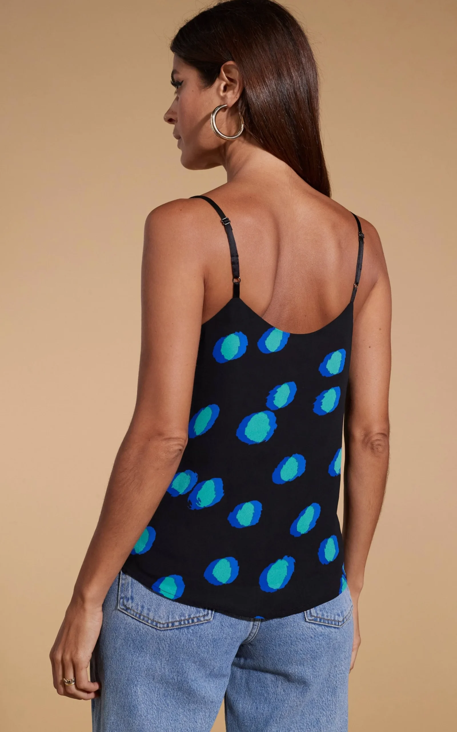 Birdie Cami Top In Polka Dot Blue On Black
