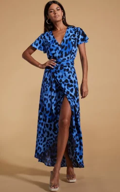 Cayenne Wrap Dress In Bright Blue Leopard