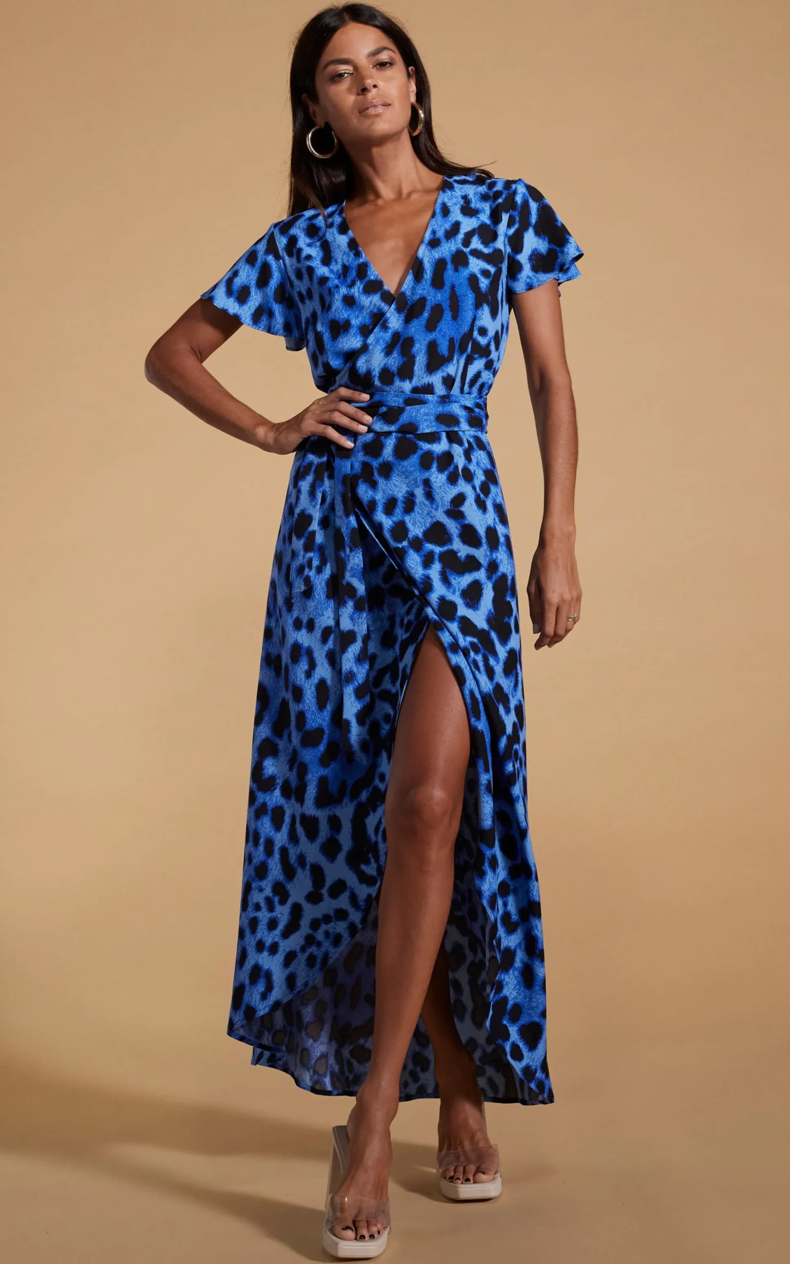 Cayenne Wrap Dress In Bright Blue Leopard