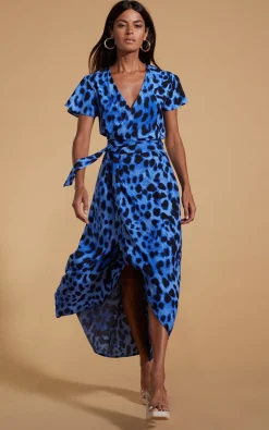 Cayenne Wrap Dress In Bright Blue Leopard