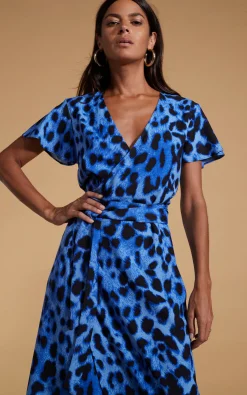 Cayenne Wrap Dress In Bright Blue Leopard