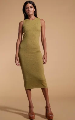 Cleo Pointelle Midi Dress In Khaki
