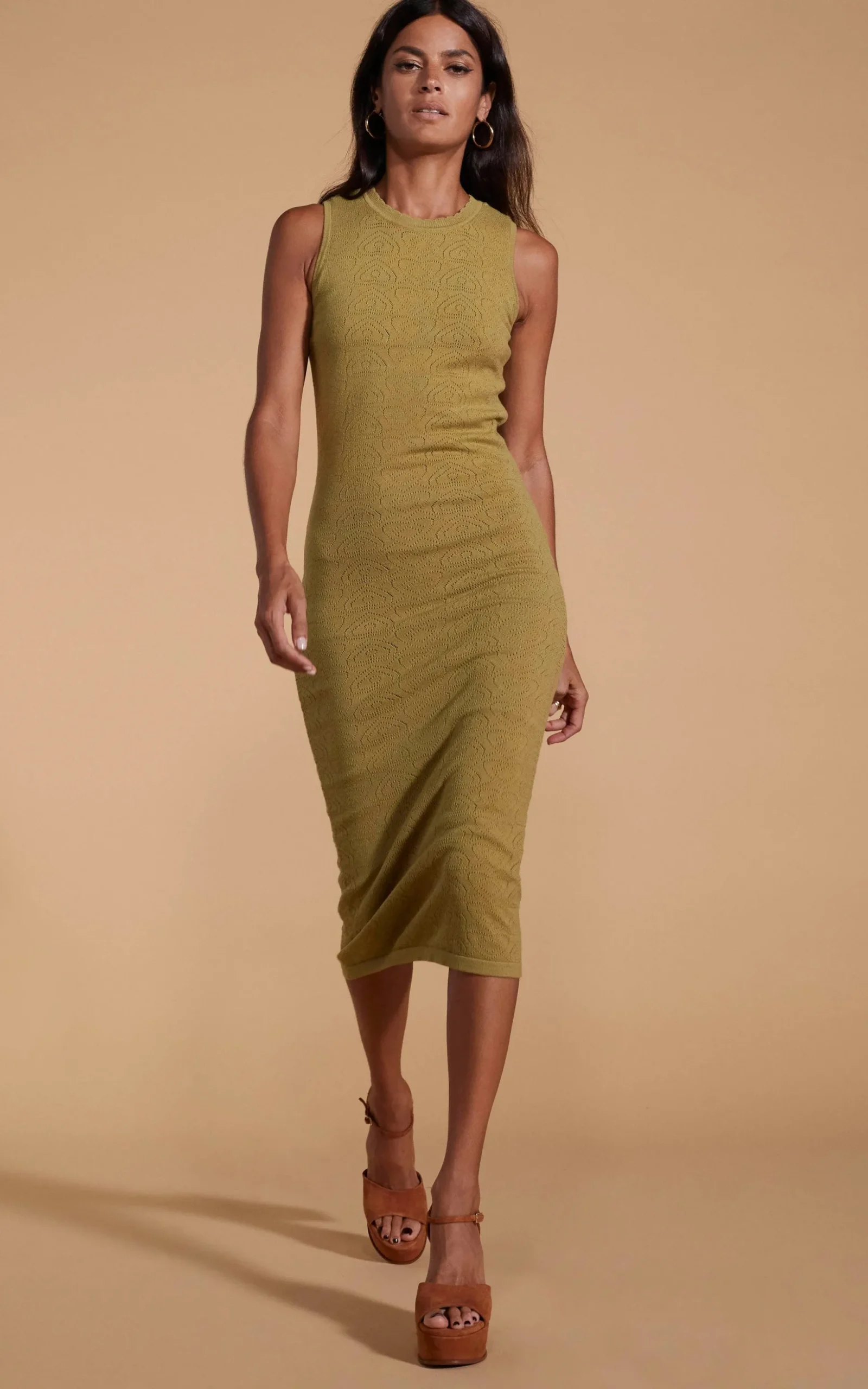 Cleo Pointelle Midi Dress In Khaki