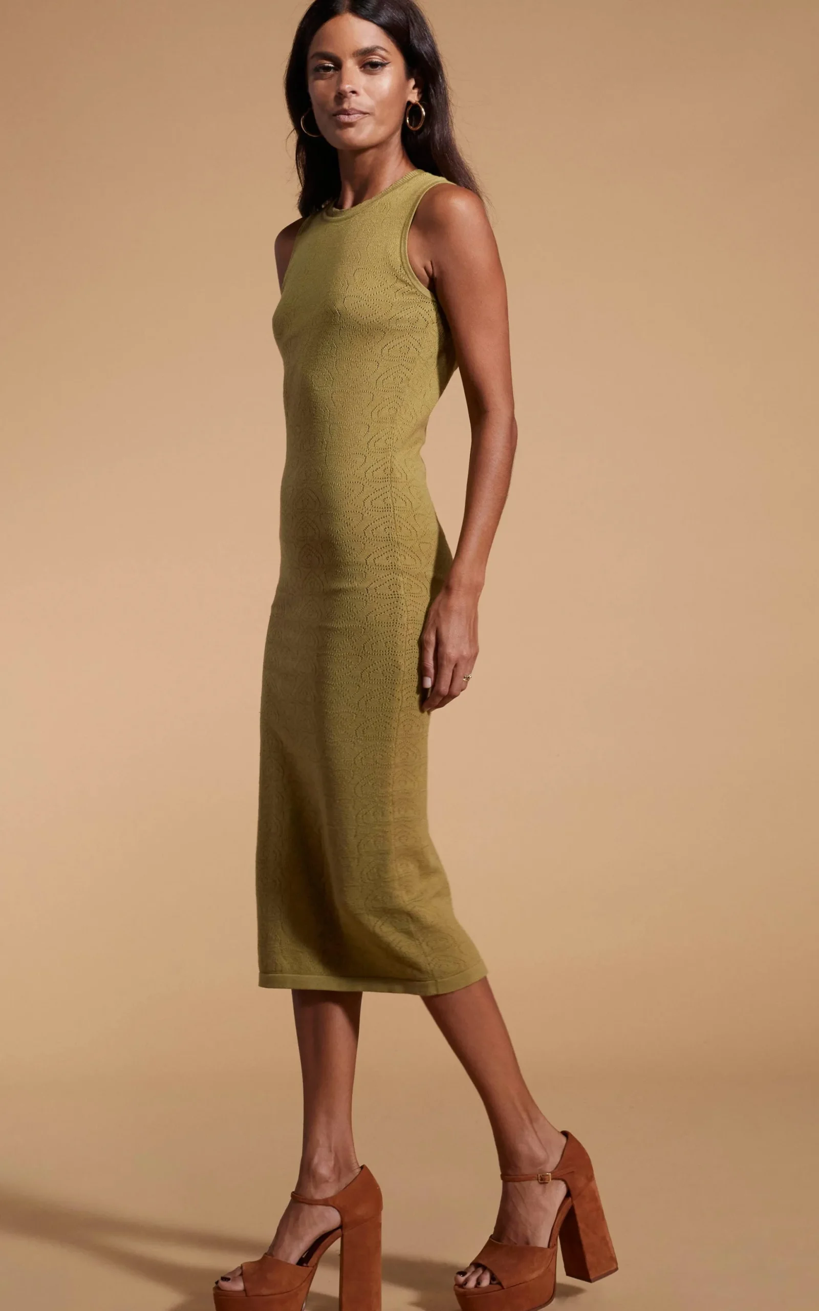 Cleo Pointelle Midi Dress In Khaki