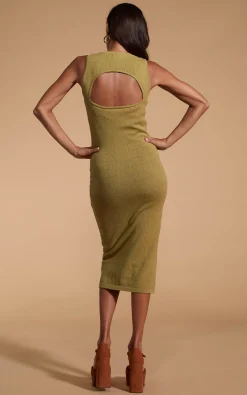 Cleo Pointelle Midi Dress In Khaki