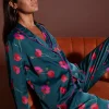 Cosmos Satin Long Leg Pj Set In Poppies On Dark Green
