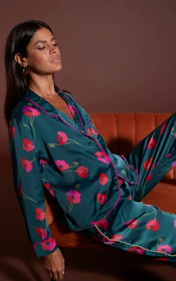 Cosmos Satin Long Leg Pj Set In Poppies On Dark Green