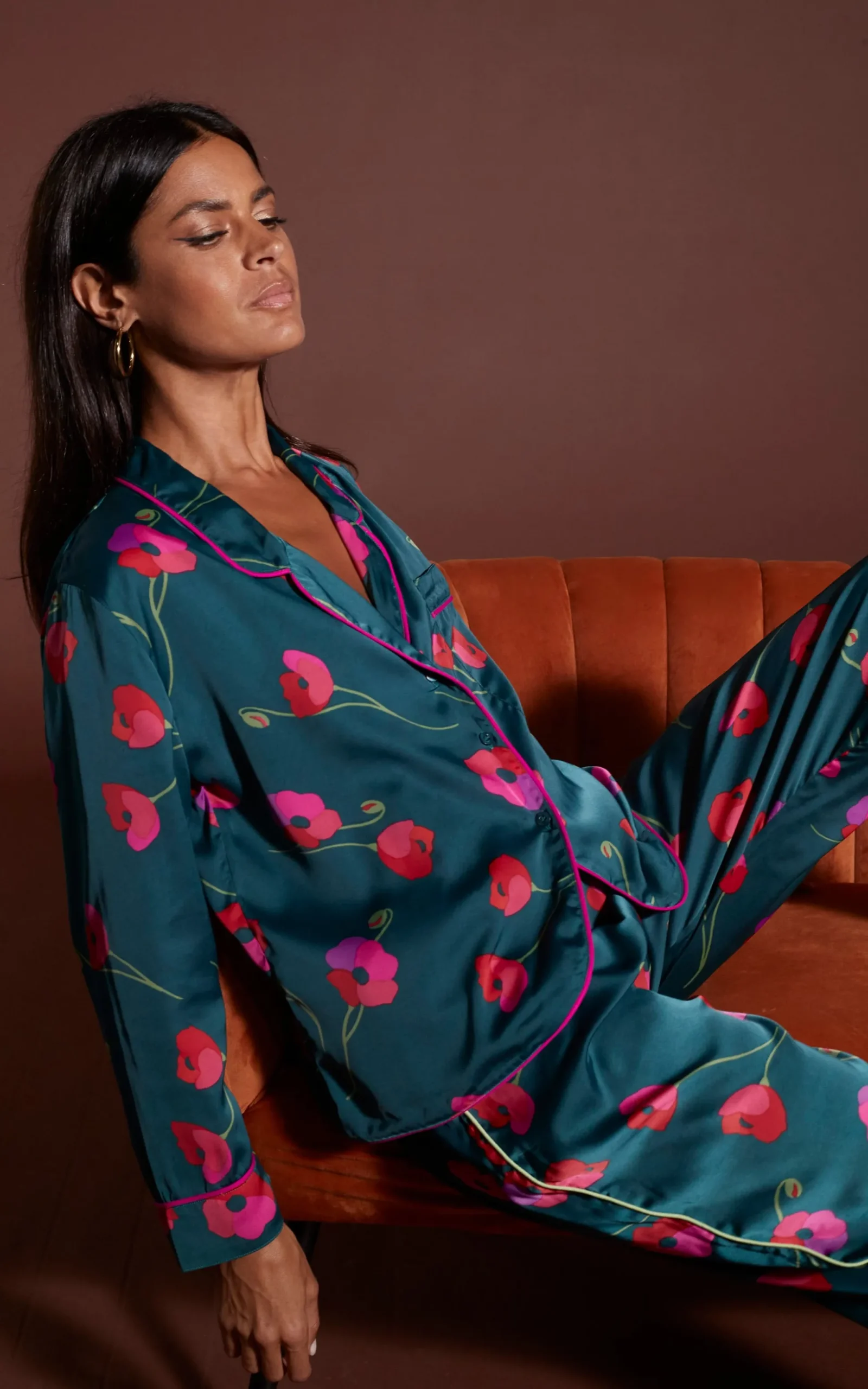 Cosmos Satin Long Leg Pj Set In Poppies On Dark Green