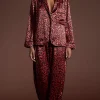 Cosmos Satin Long Leg Pj Set In Ruby Red Leopard