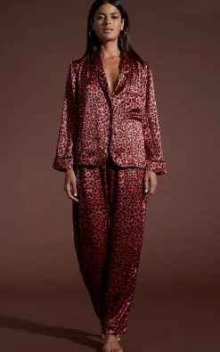 Cosmos Satin Long Leg Pj Set In Ruby Red Leopard