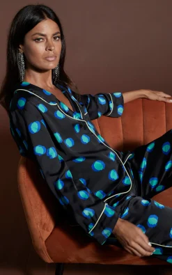Cosmos Satin Long Leg Pj Set In Polka Dot Blue On Black