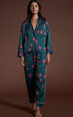 Cosmos Satin Long Leg Pj Set In Poppies On Dark Green