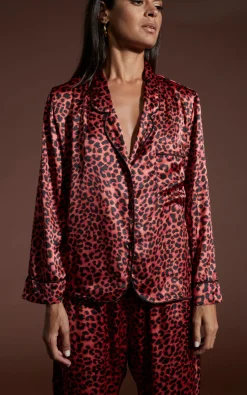 Cosmos Satin Long Leg Pj Set In Ruby Red Leopard
