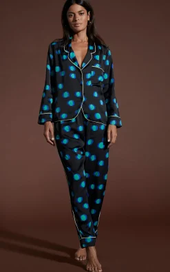 Cosmos Satin Long Leg Pj Set In Polka Dot Blue On Black