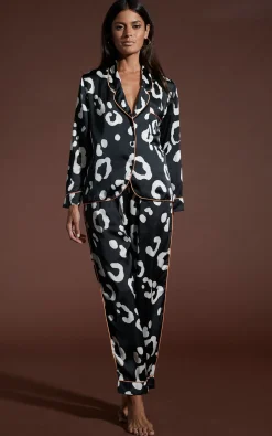 Cosmos Satin Long Leg Pj Set In Oversized Mono Leopard