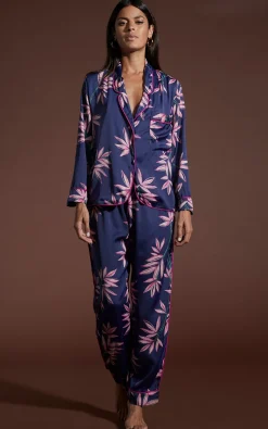 Cosmos Satin Long Leg Pj Set In Bamboo Navy Base