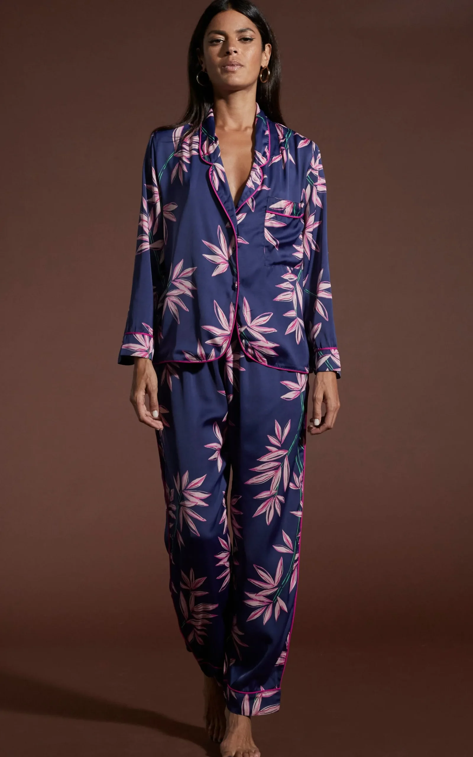 Cosmos Satin Long Leg Pj Set In Bamboo Navy Base