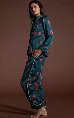Cosmos Satin Long Leg Pj Set In Poppies On Dark Green