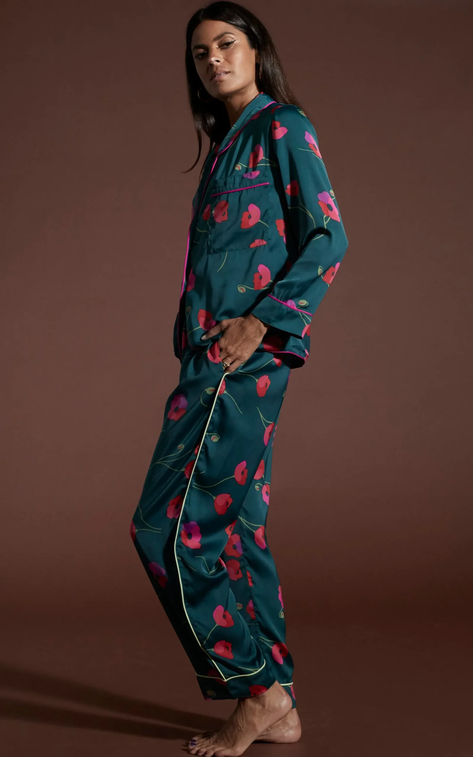 Cosmos Satin Long Leg Pj Set In Poppies On Dark Green