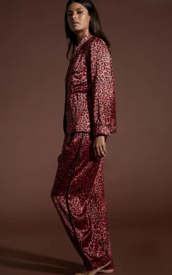 Cosmos Satin Long Leg Pj Set In Ruby Red Leopard