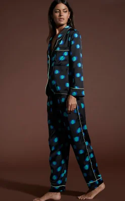 Cosmos Satin Long Leg Pj Set In Polka Dot Blue On Black