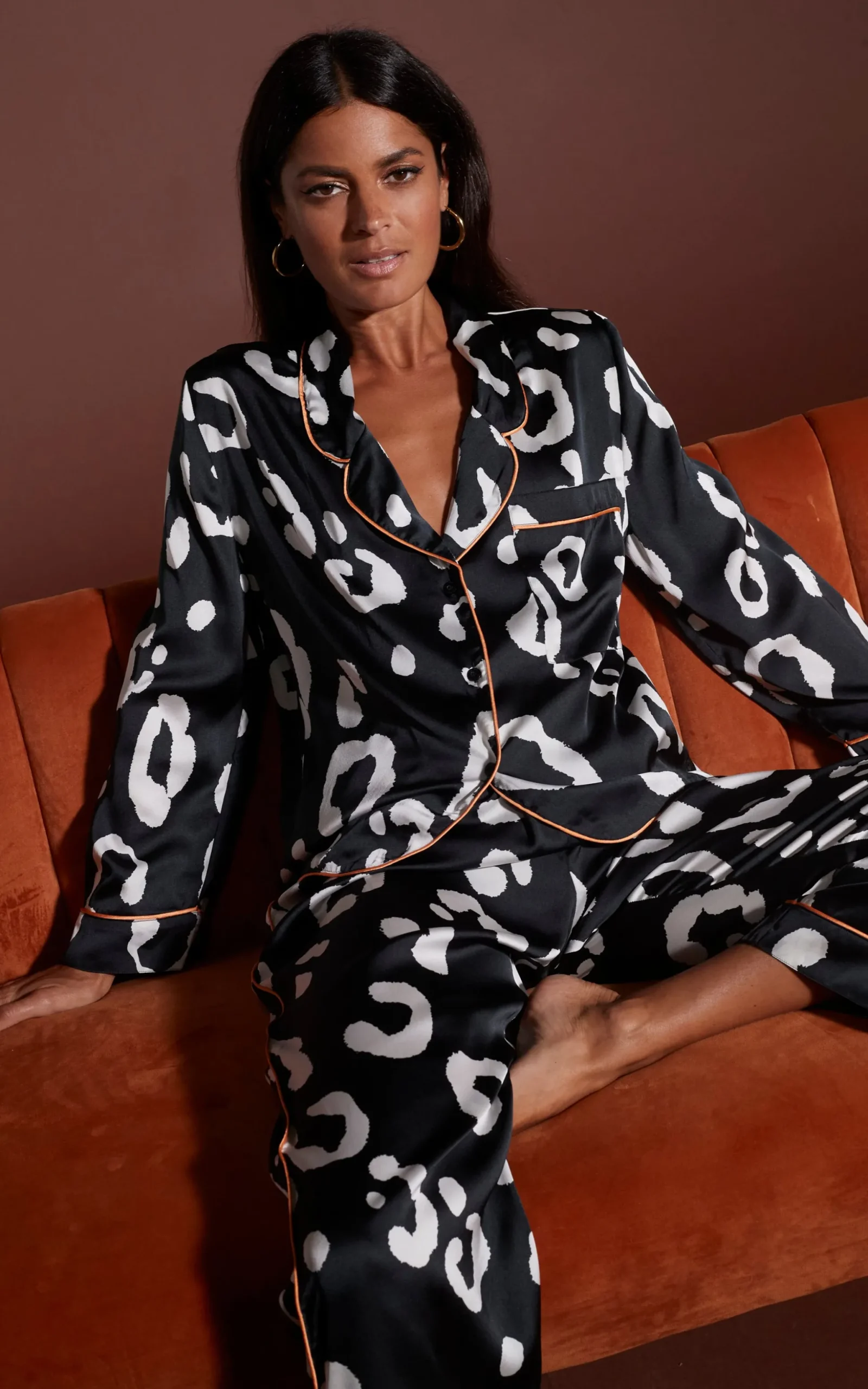 Cosmos Satin Long Leg Pj Set In Oversized Mono Leopard