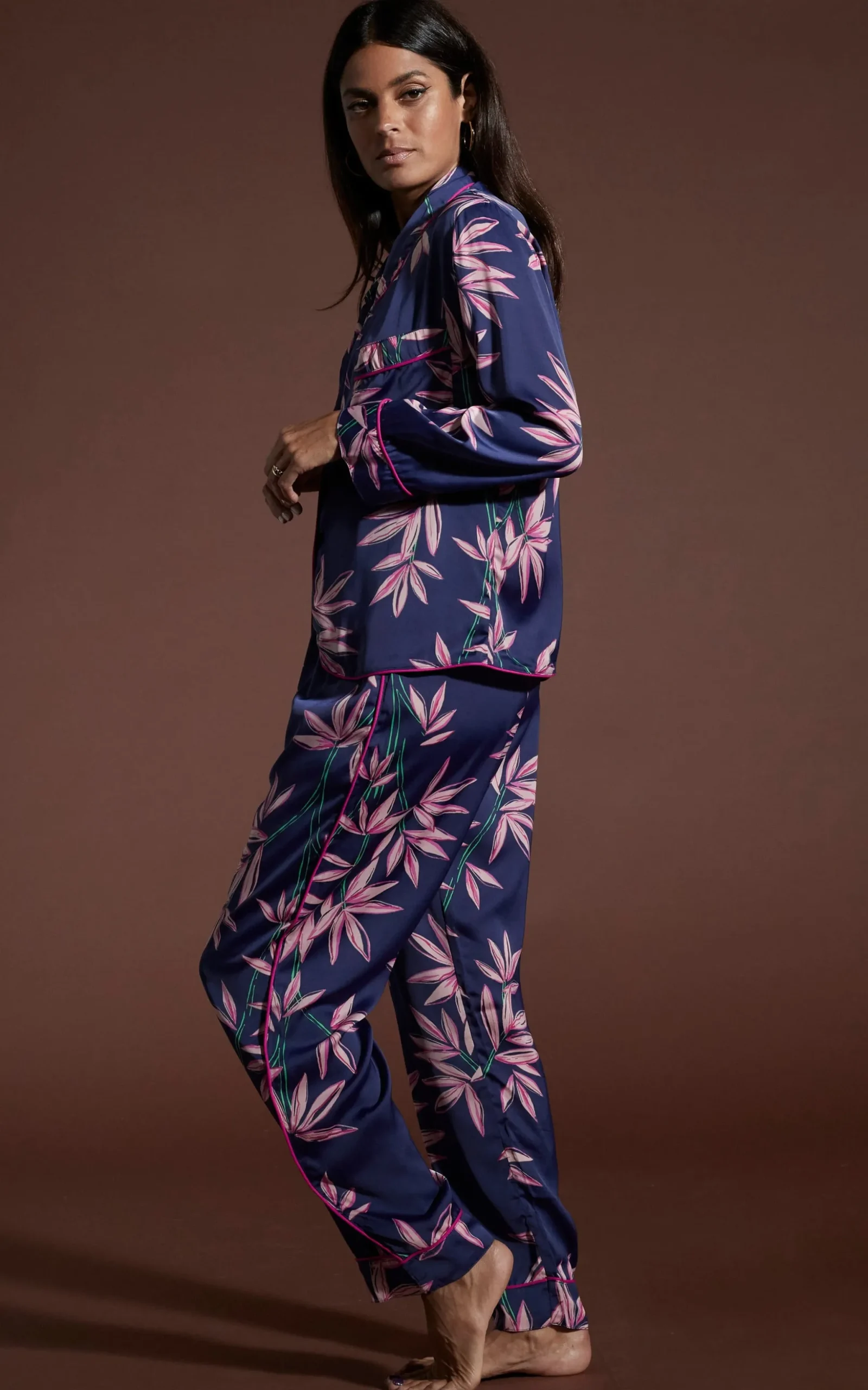 Cosmos Satin Long Leg Pj Set In Bamboo Navy Base