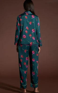 Cosmos Satin Long Leg Pj Set In Poppies On Dark Green