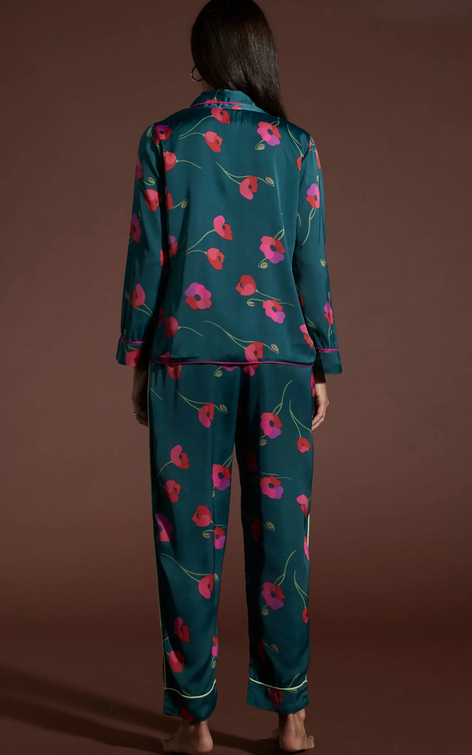 Cosmos Satin Long Leg Pj Set In Poppies On Dark Green