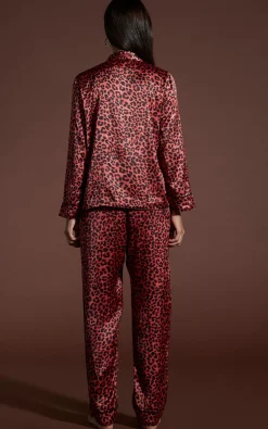 Cosmos Satin Long Leg Pj Set In Ruby Red Leopard