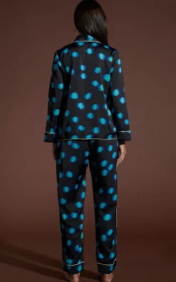 Cosmos Satin Long Leg Pj Set In Polka Dot Blue On Black