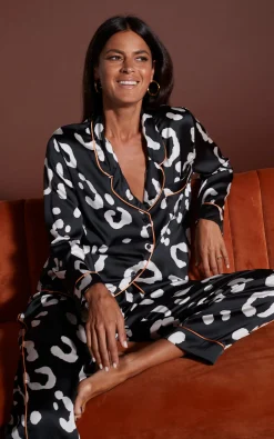 Cosmos Satin Long Leg Pj Set In Oversized Mono Leopard