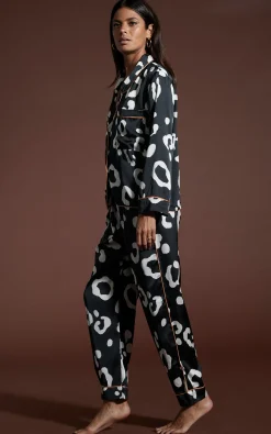 Cosmos Satin Long Leg Pj Set In Oversized Mono Leopard