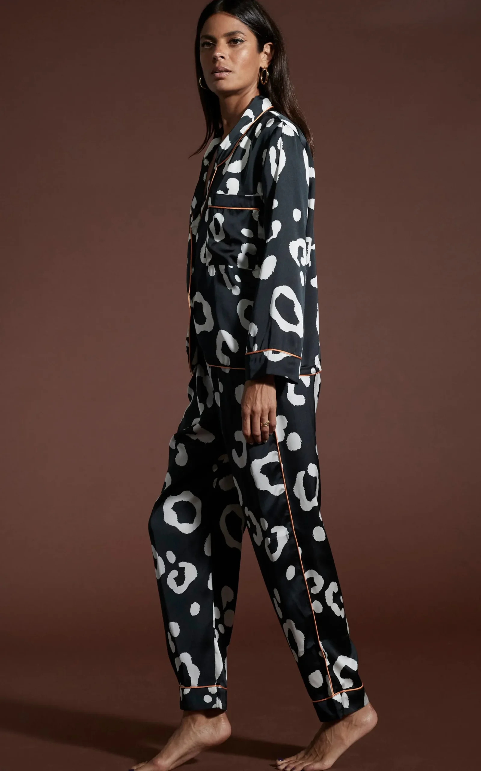 Cosmos Satin Long Leg Pj Set In Oversized Mono Leopard