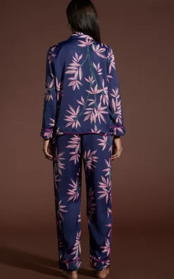 Cosmos Satin Long Leg Pj Set In Bamboo Navy Base