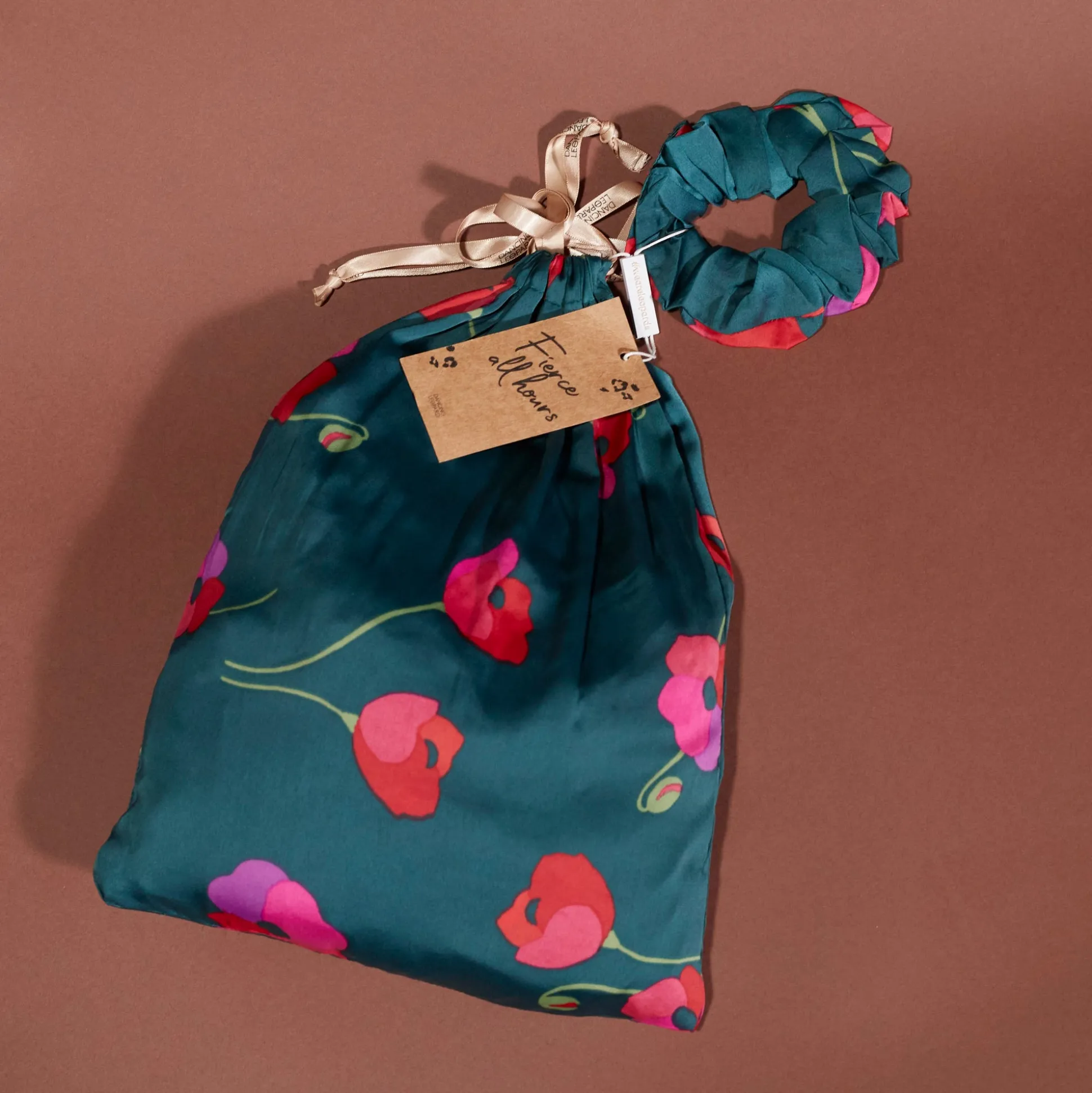 Cosmos Satin Long Leg Pj Set In Poppies On Dark Green