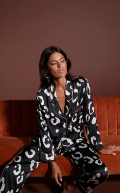 Cosmos Satin Long Leg Pj Set In Oversized Mono Leopard